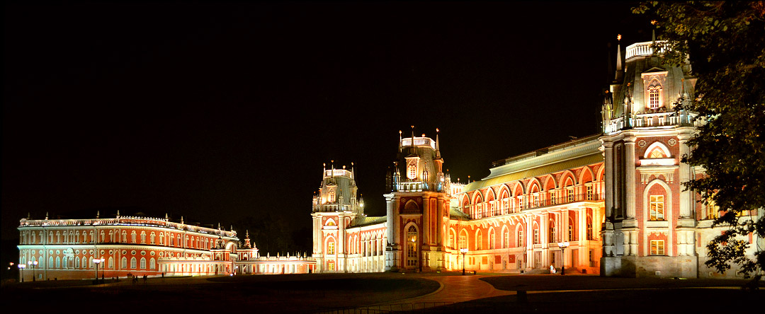 Царицынский дворец в ночной подсветке. Москва
